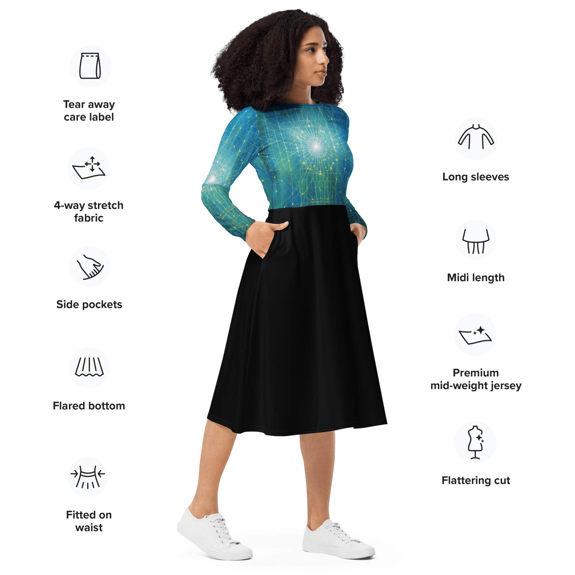 Blau Langarm - Midi - Kleid - Cooroi