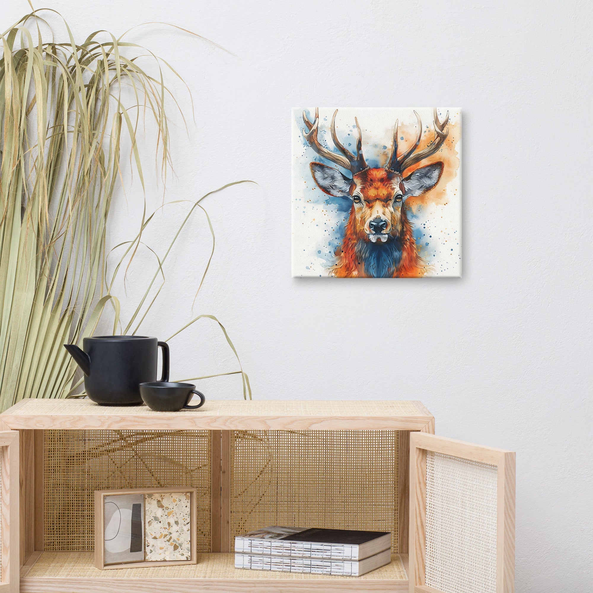 Watercolor deer art canvas on a stylish wall in an elegant room setup.
